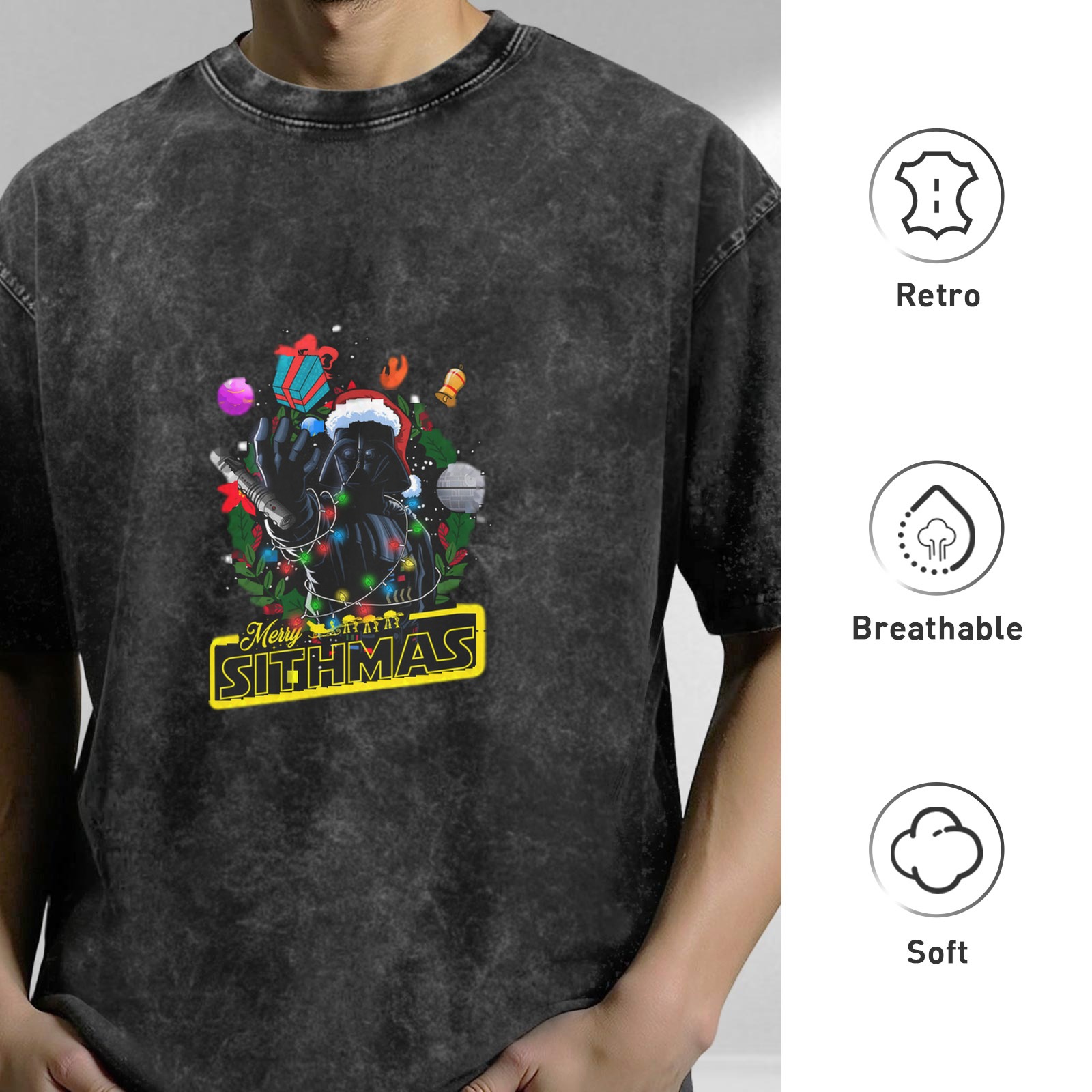 Merry Sithmas Darth Vader Christmas Graphic Acid Wash T-Shirt
