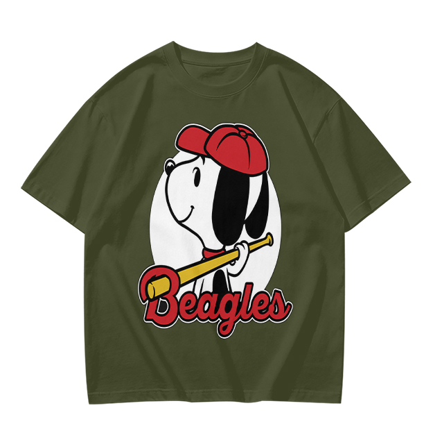Olive green t-shirt with Snoopy baseball Beagles graphic