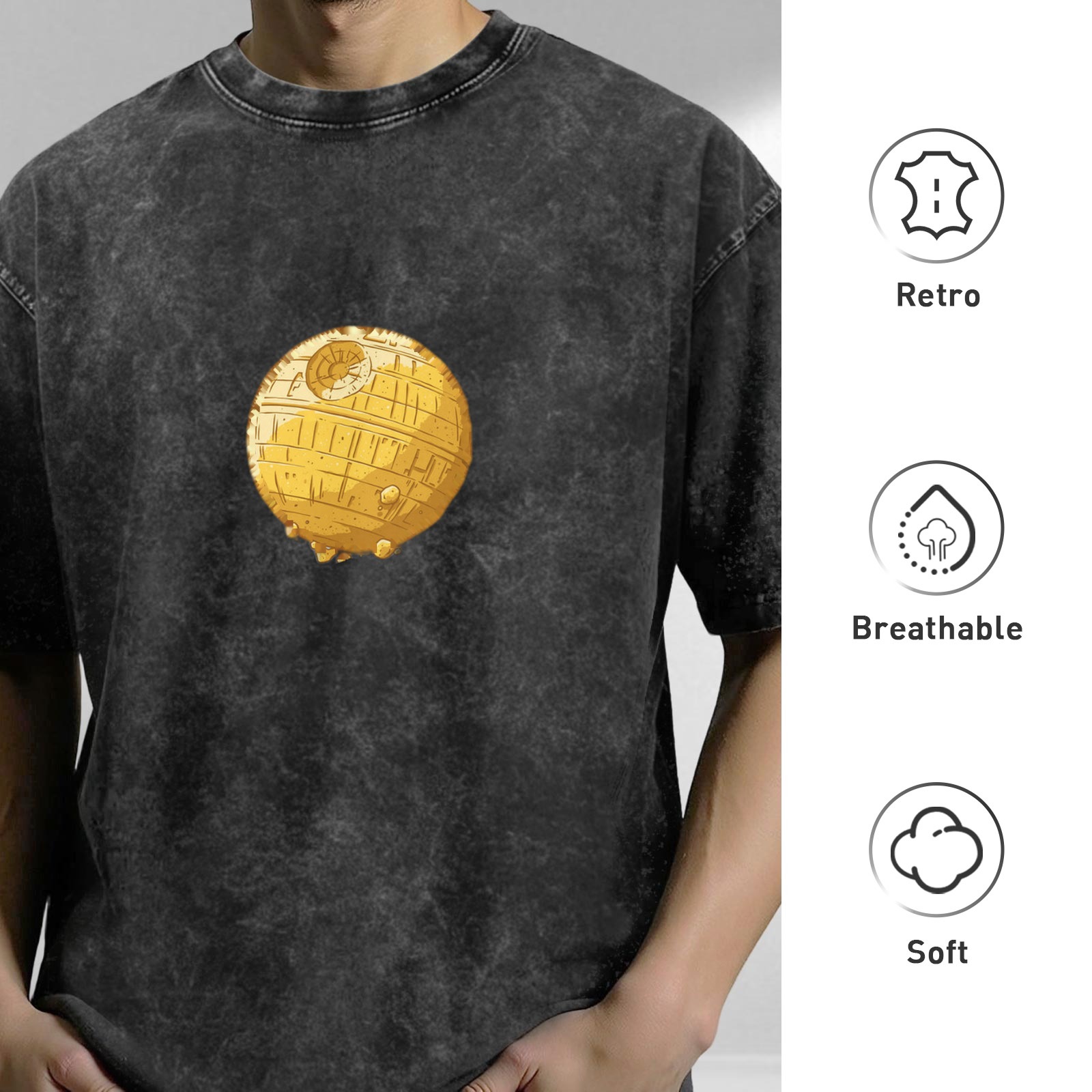 Oversized Stonewashed T-Shirt With Golden Death Star Print