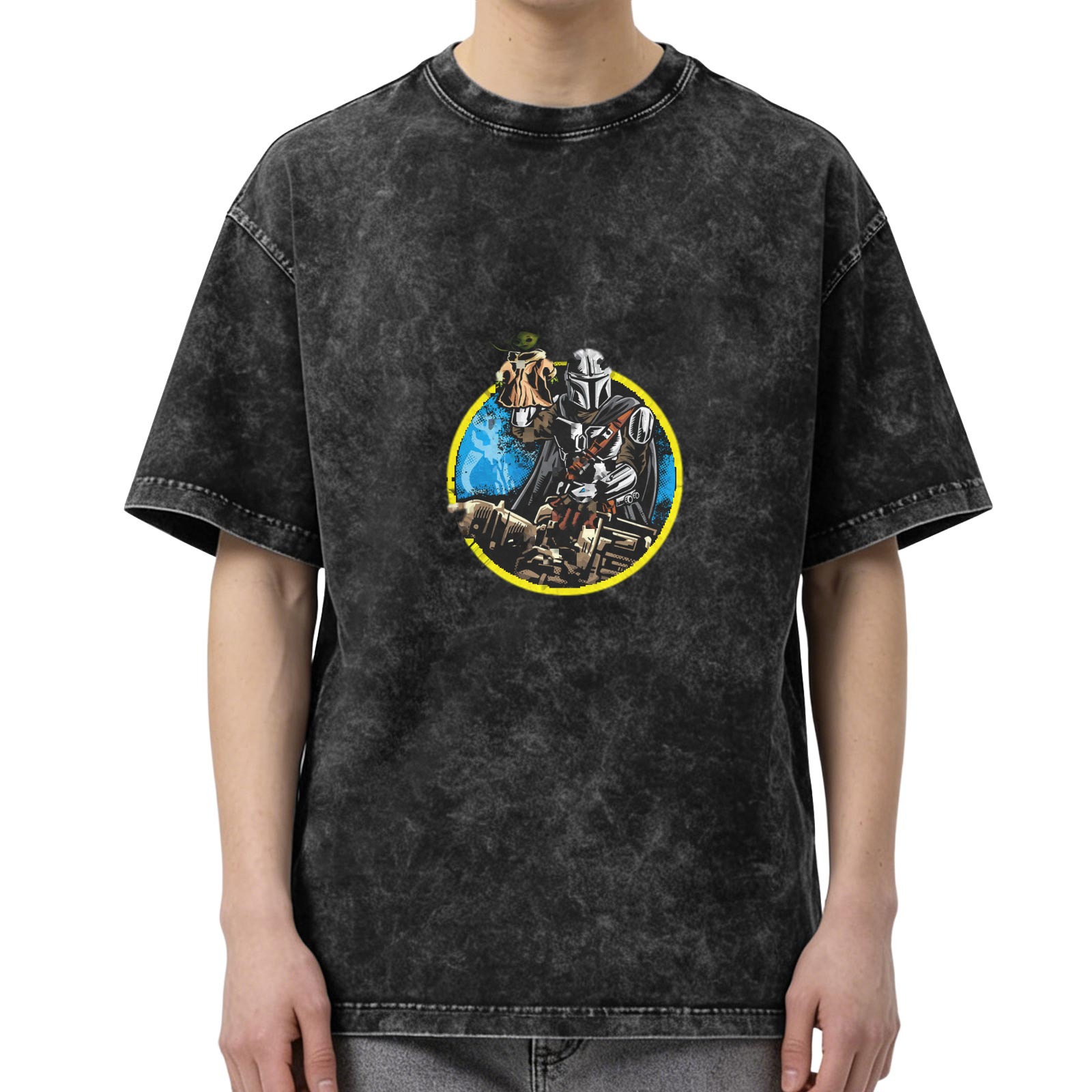 Washed Black T-Shirt With Mandalorian And Child Graphic