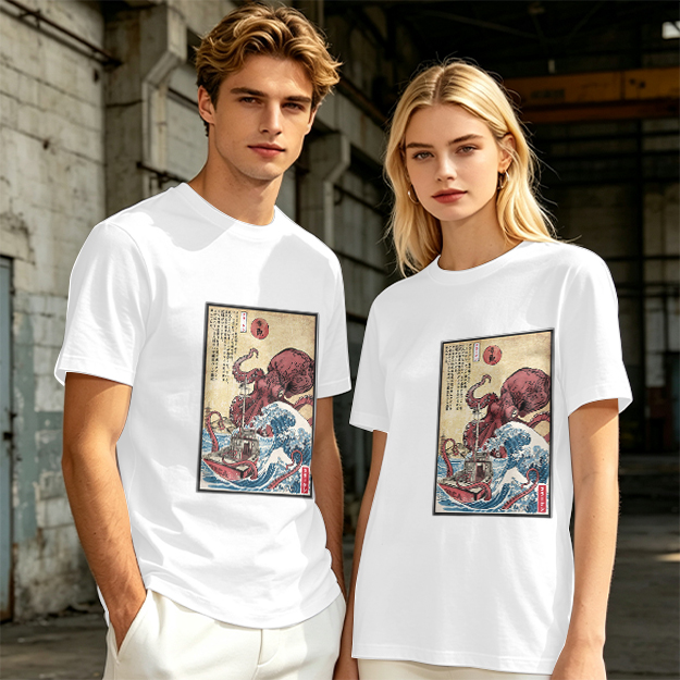 Olive T-shirt with Japanese octopus and wave woodblock print