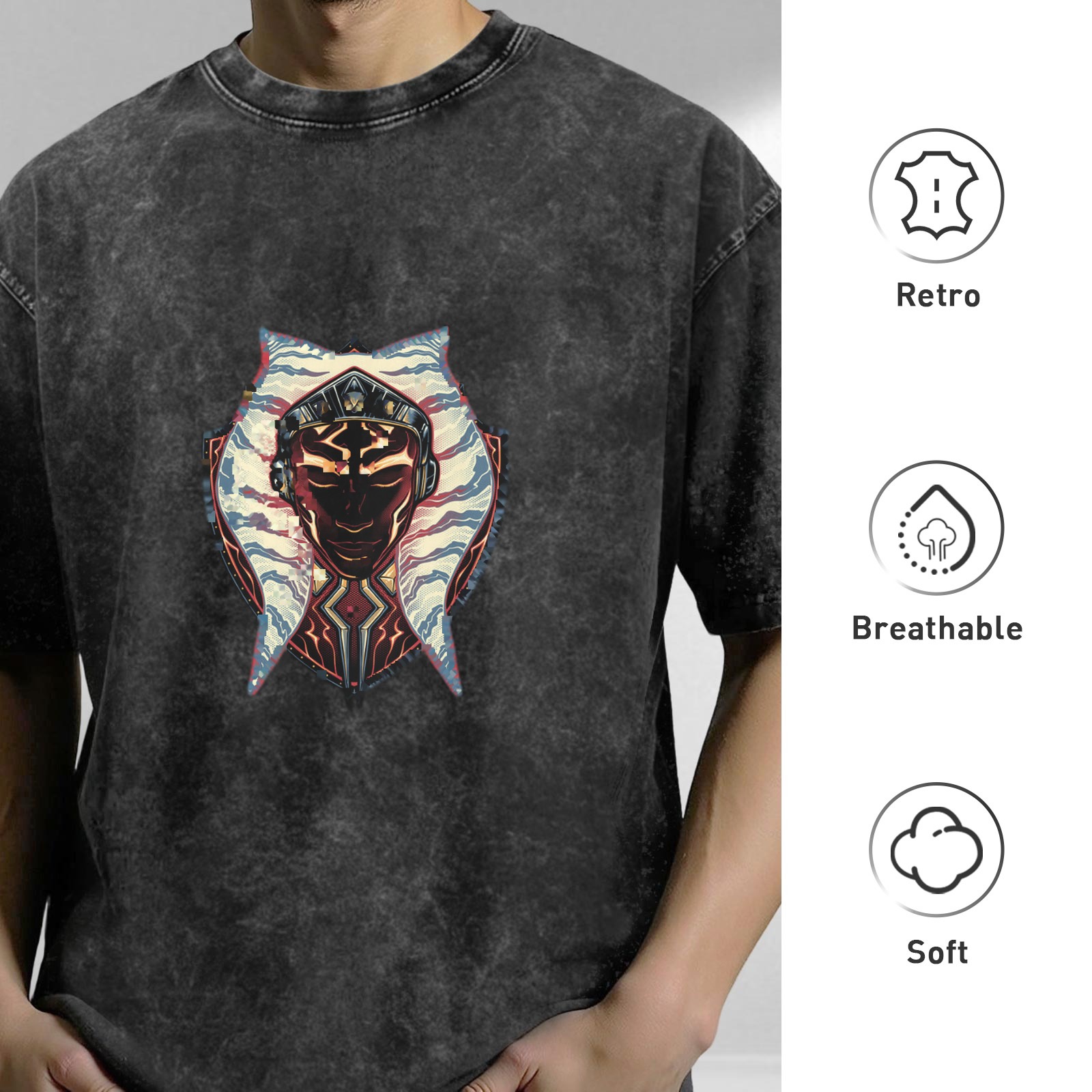 Washed Black T-Shirt With Ahsoka Tano Graphic Print