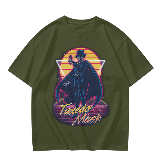 Tuxedo Mask Retro Neon Graphic Olive T-Shirt