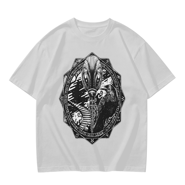 Olive Green T-Shirt With Alien Raven Occult Graphic Print