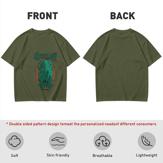 Olive Green Cthulhu Graphic T-Shirt with Mythos Monster Art