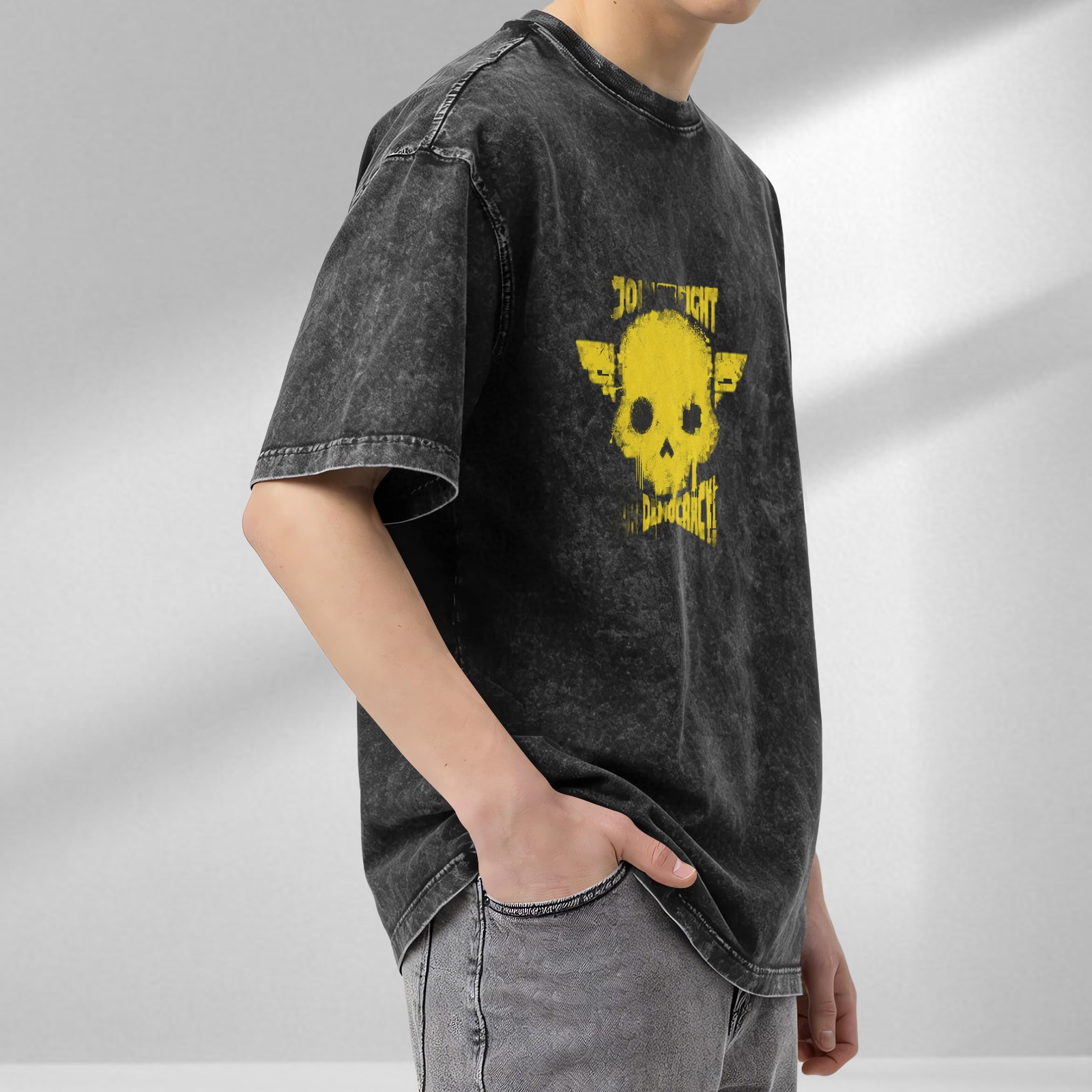 Distressed washed black short-sleeved T-shirt Hellraiser 2 Join Fight Democracy skull printed loose top