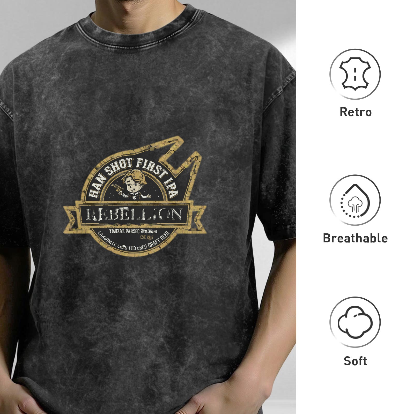 Distressed washed black round neck short-sleeved T-shirt Star Wars themed fun printed casual top