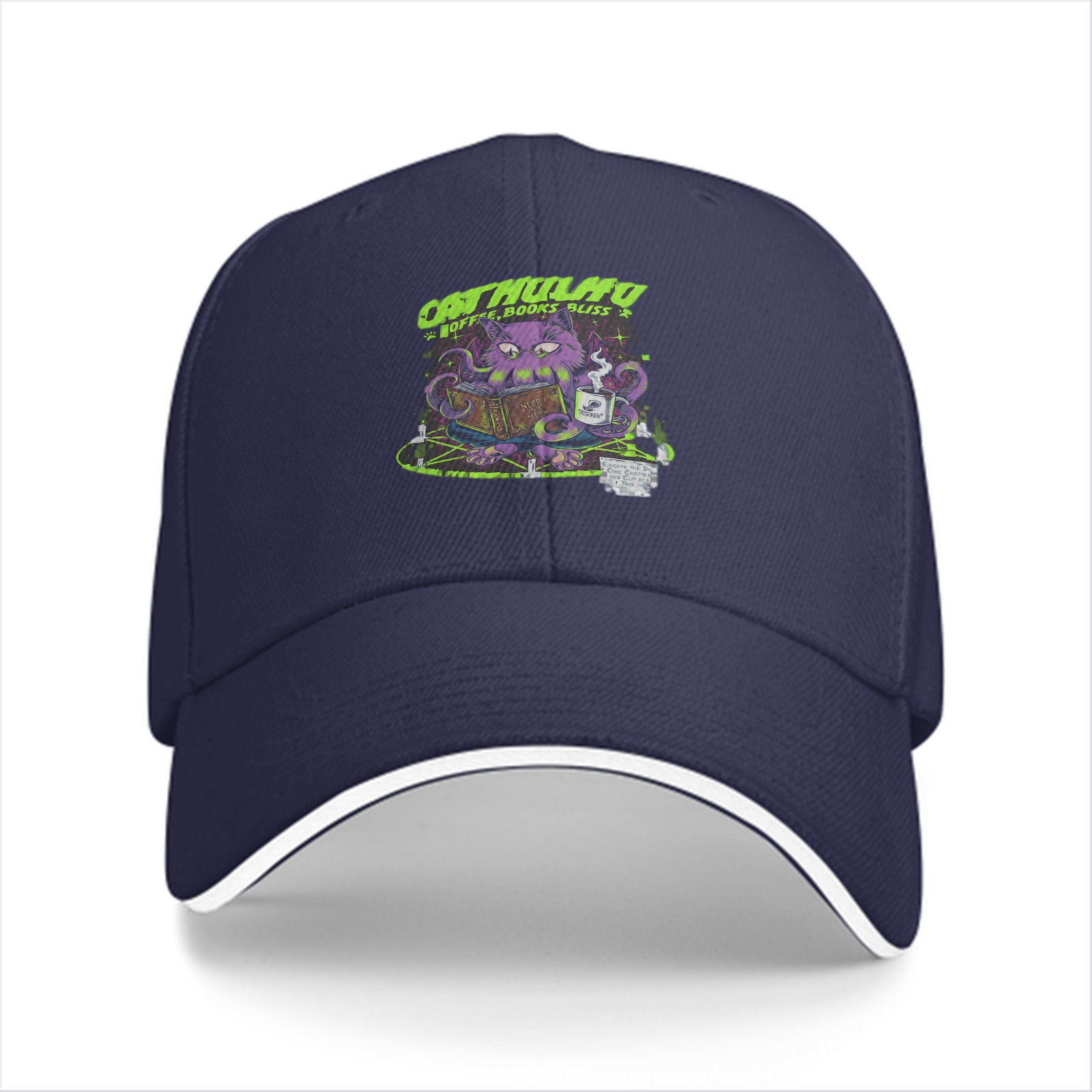 Black baseball cap with Cathulhu coffee and books graphic