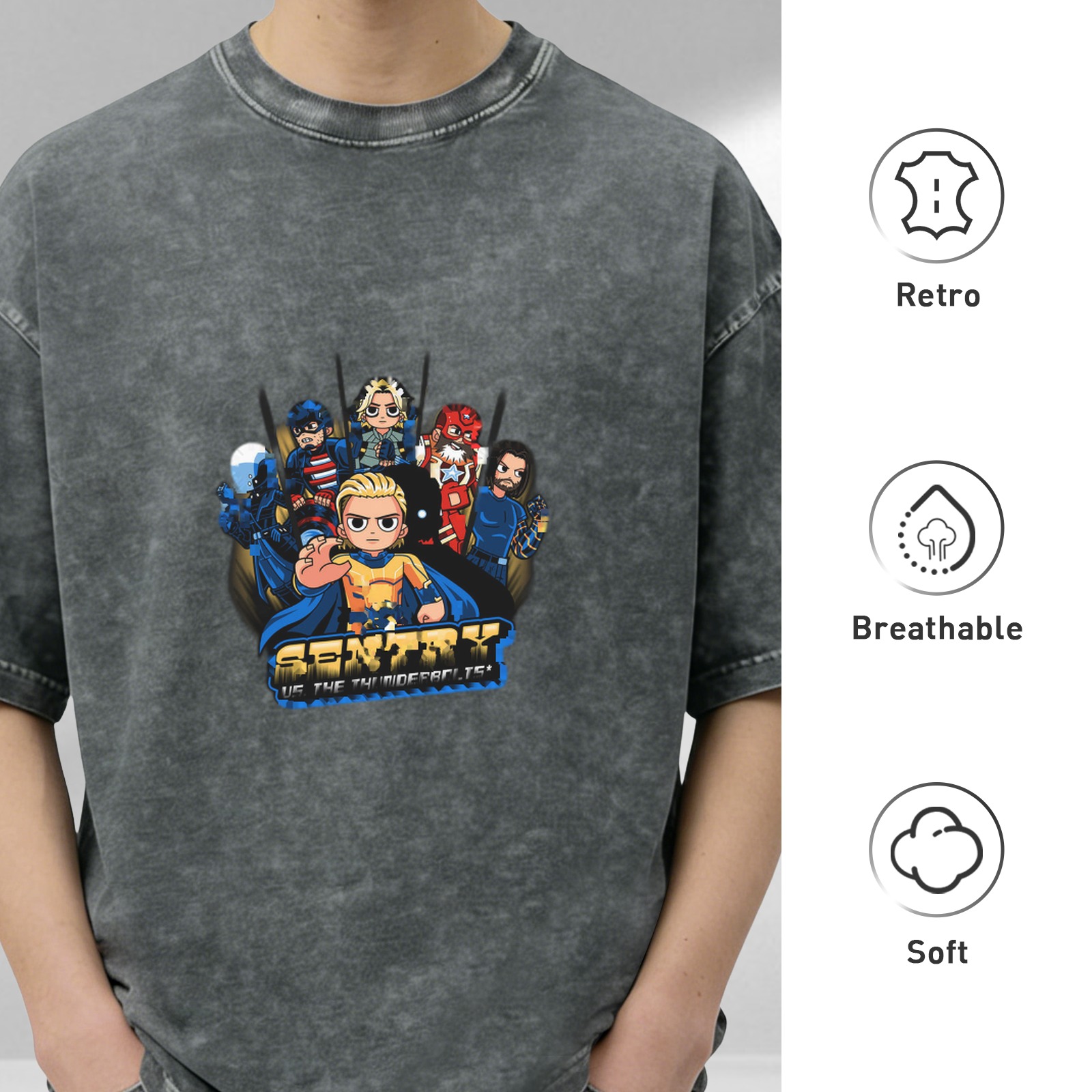 Sentry vs Thunderbolts Chibi Graphic Washed Black Oversized T-Shirt