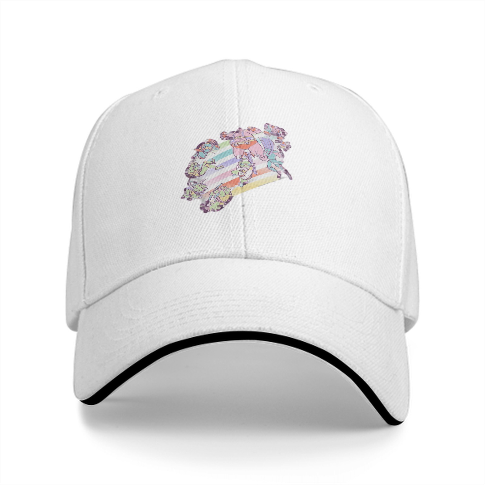 Black Baseball Cap With Pastel Rainbow Anime Character Print