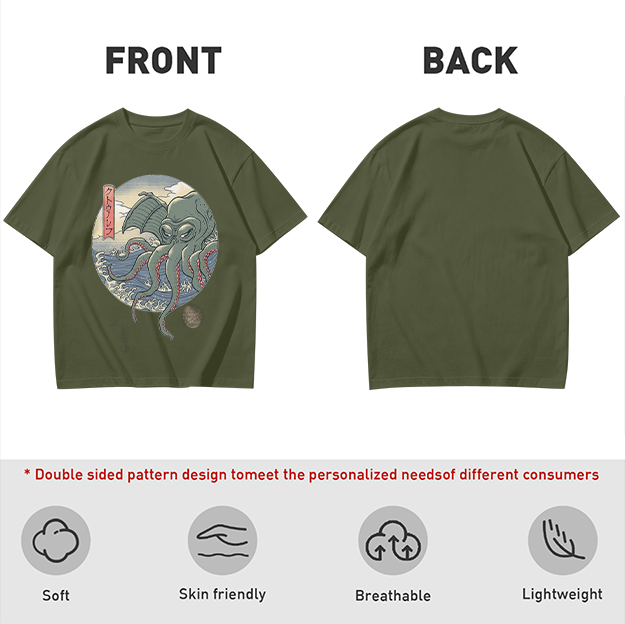 Olive T-shirt with Ukiyo-e Style Cthulhu Octopus Print