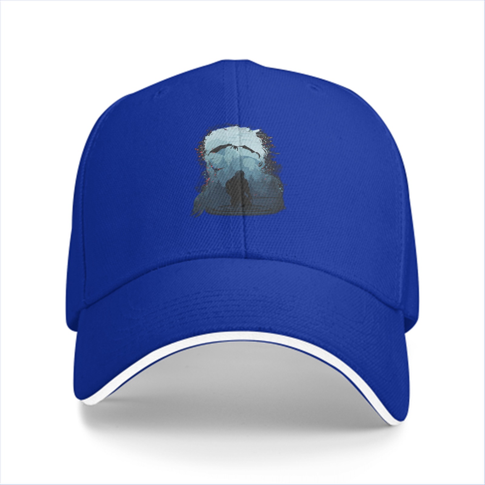 Black Baseball Cap With Abstract Blue Figure Print