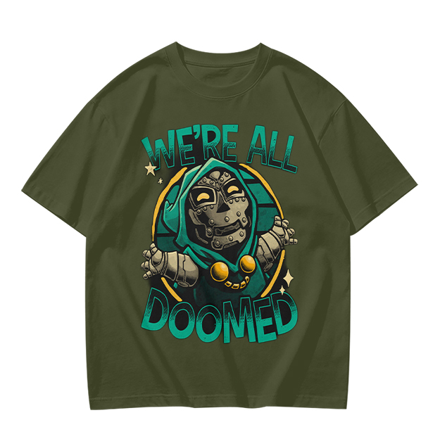 Olive T-Shirt Featuring 'We're All Doomed' Doom Character Art