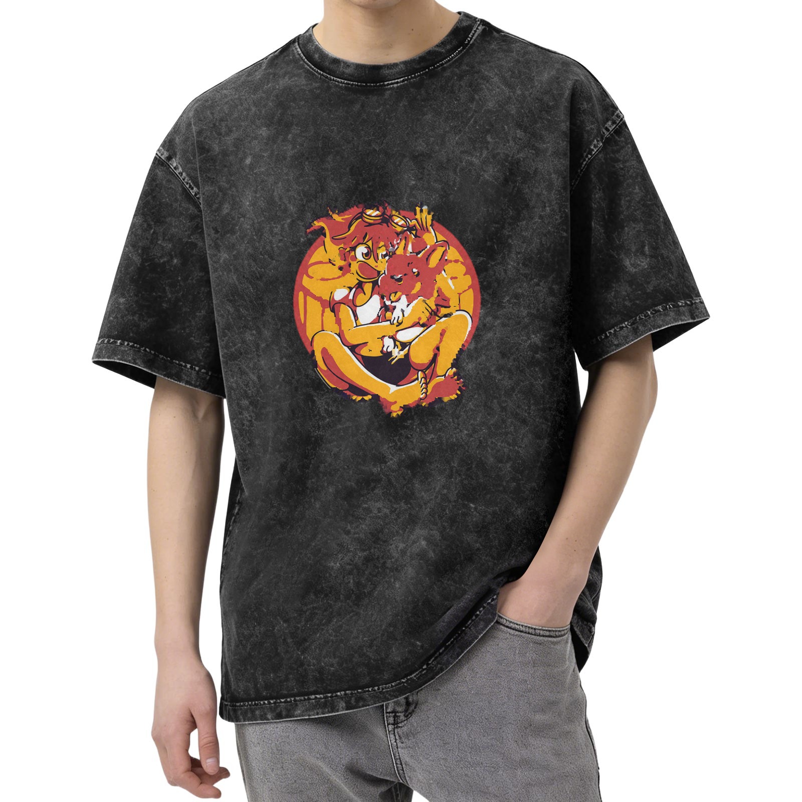 Washed black graphic t-shirt with anime-style character and animal print