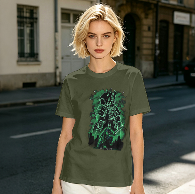Olive Green T-Shirt With Neon Samurai Warrior Graphic
