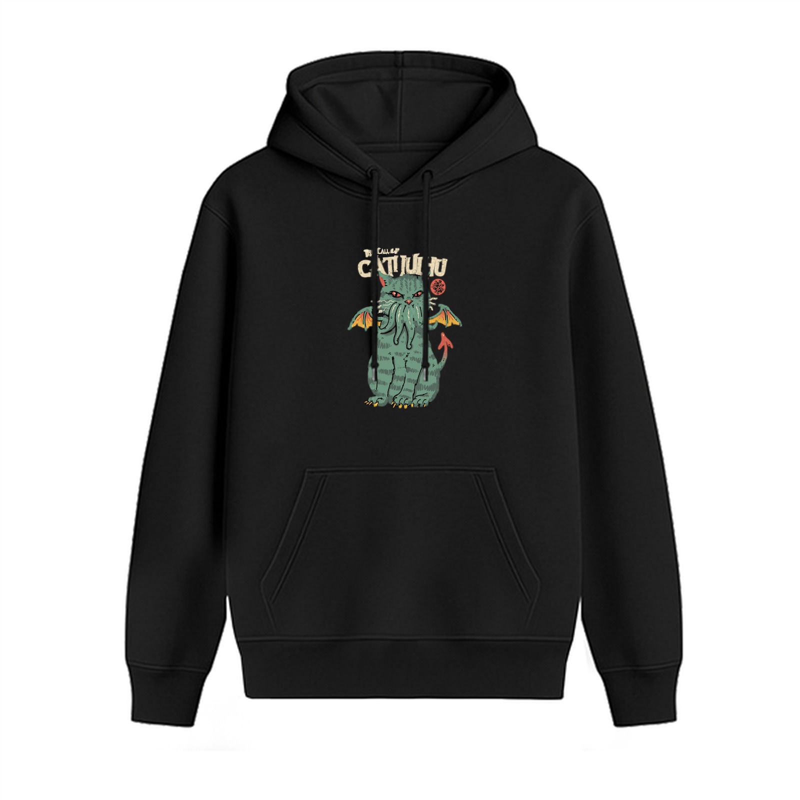 Black Hoodie With Cat Cthulhu Graphic Print