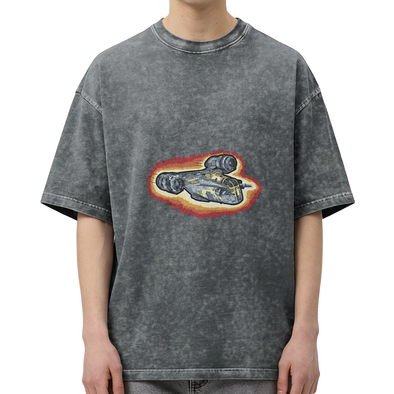 Oversized Acid Wash T-Shirt With Flying Spaceship Graphic