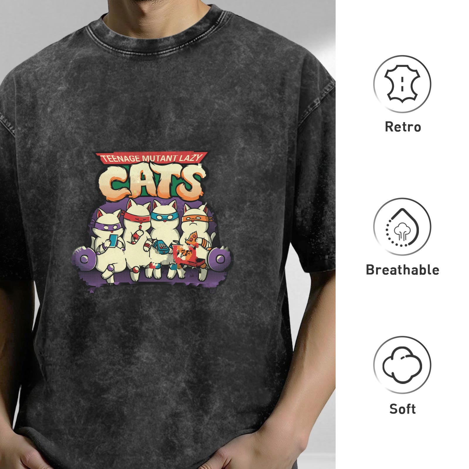 Teenage Mutant Lazy Cats Graphic Stonewashed Black T-Shirt