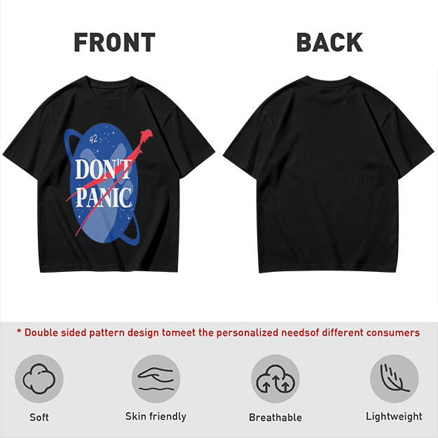 Olive green space-themed t-shirt with 'Don't Panic' print