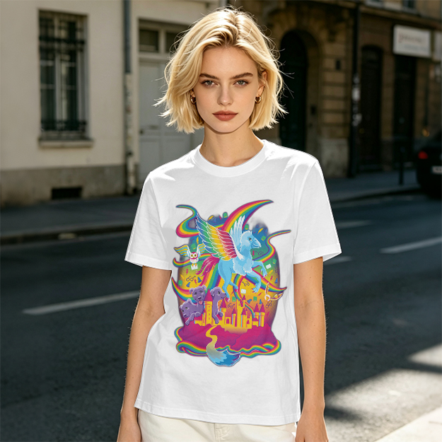 Olive T-Shirt With Whimsical Rainbow Fantasy Creature Castle Art