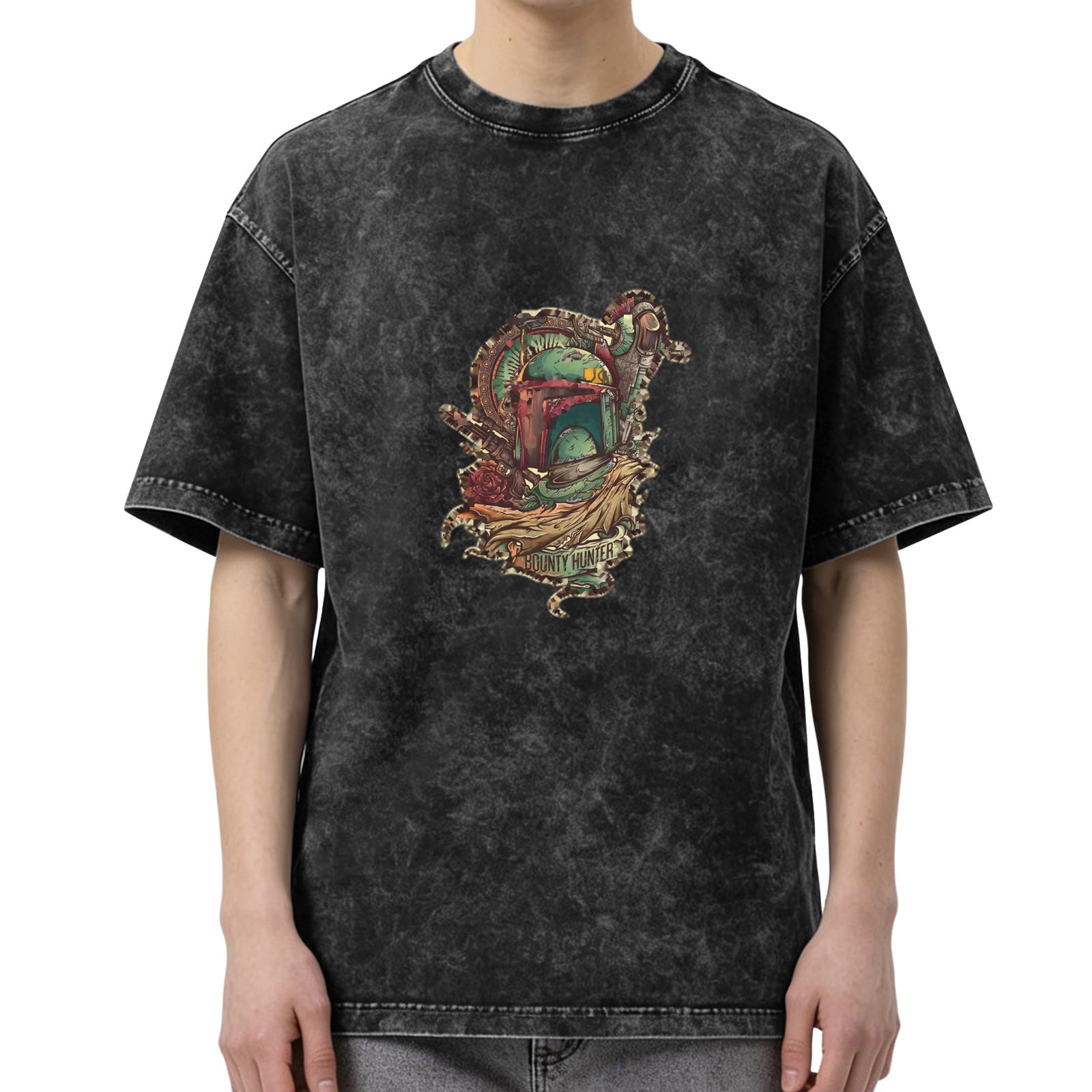Distressed washed black loose short-sleeved T-shirt with bounty hunter theme print