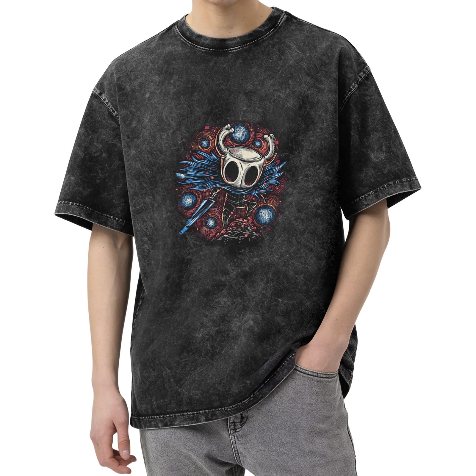 Oversized Dark Wash T-Shirt With Hollow Knight Artwork Print