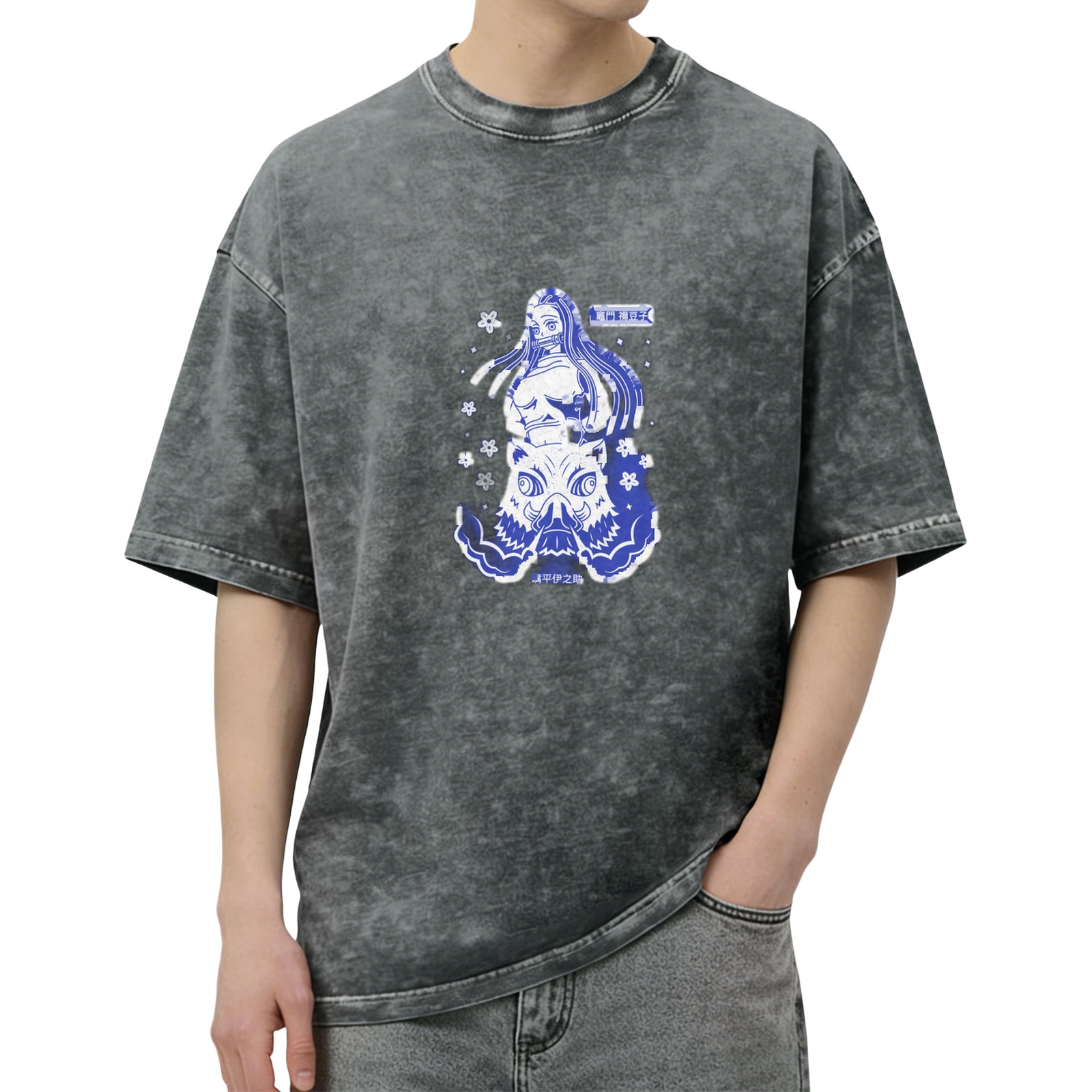 Anime Graphic Dark Wash Oversized T-Shirt