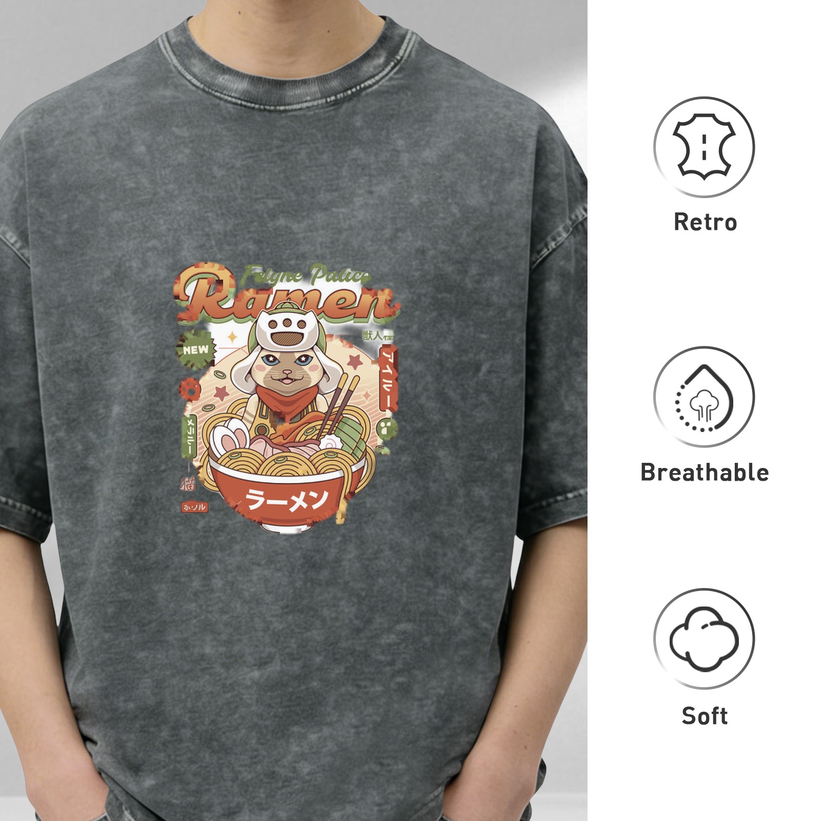 Oversized Acid Wash T-Shirt With Anime Ramen Cat Graphic