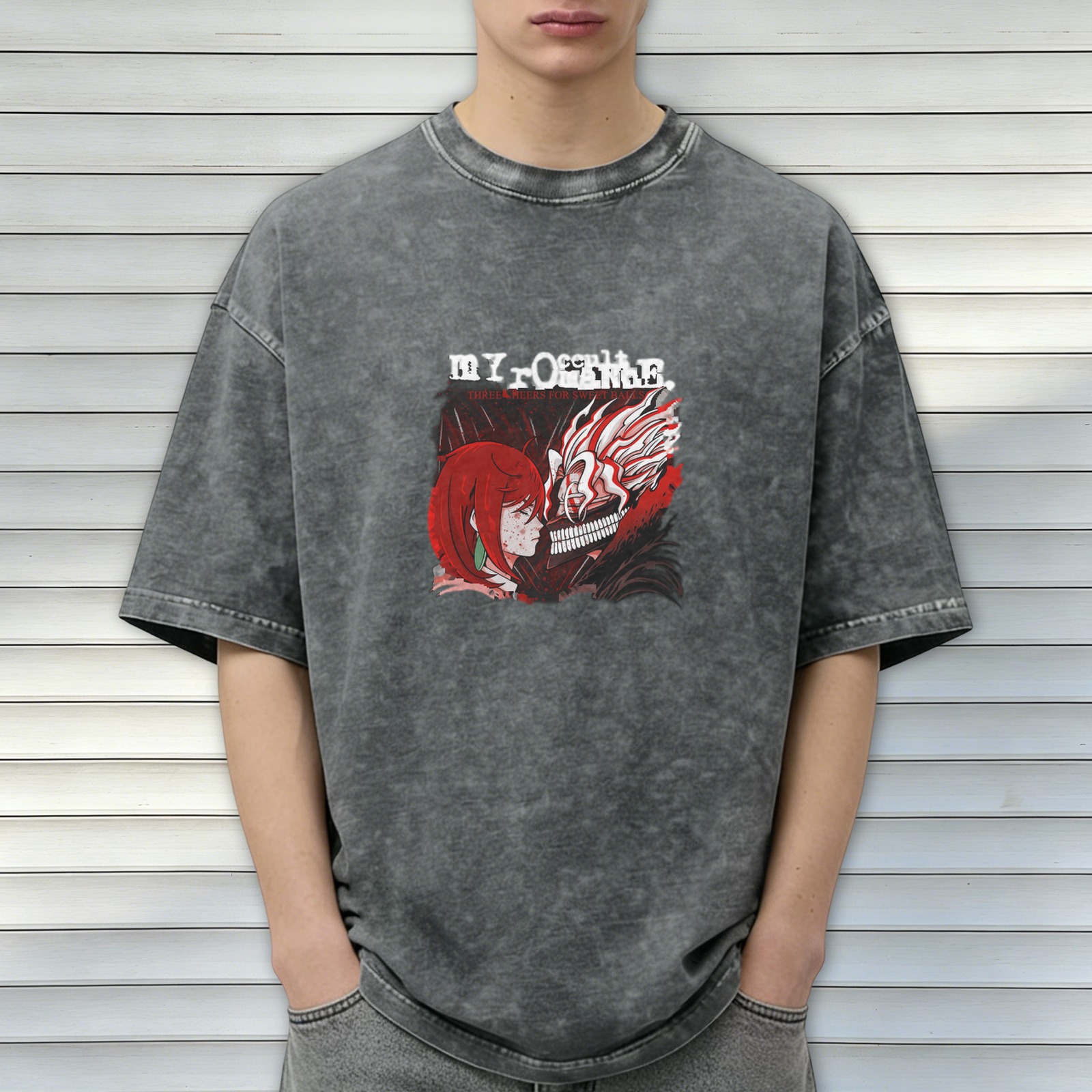 Oversized Acid Wash Anime Graphic T-Shirt with Dark Art Print