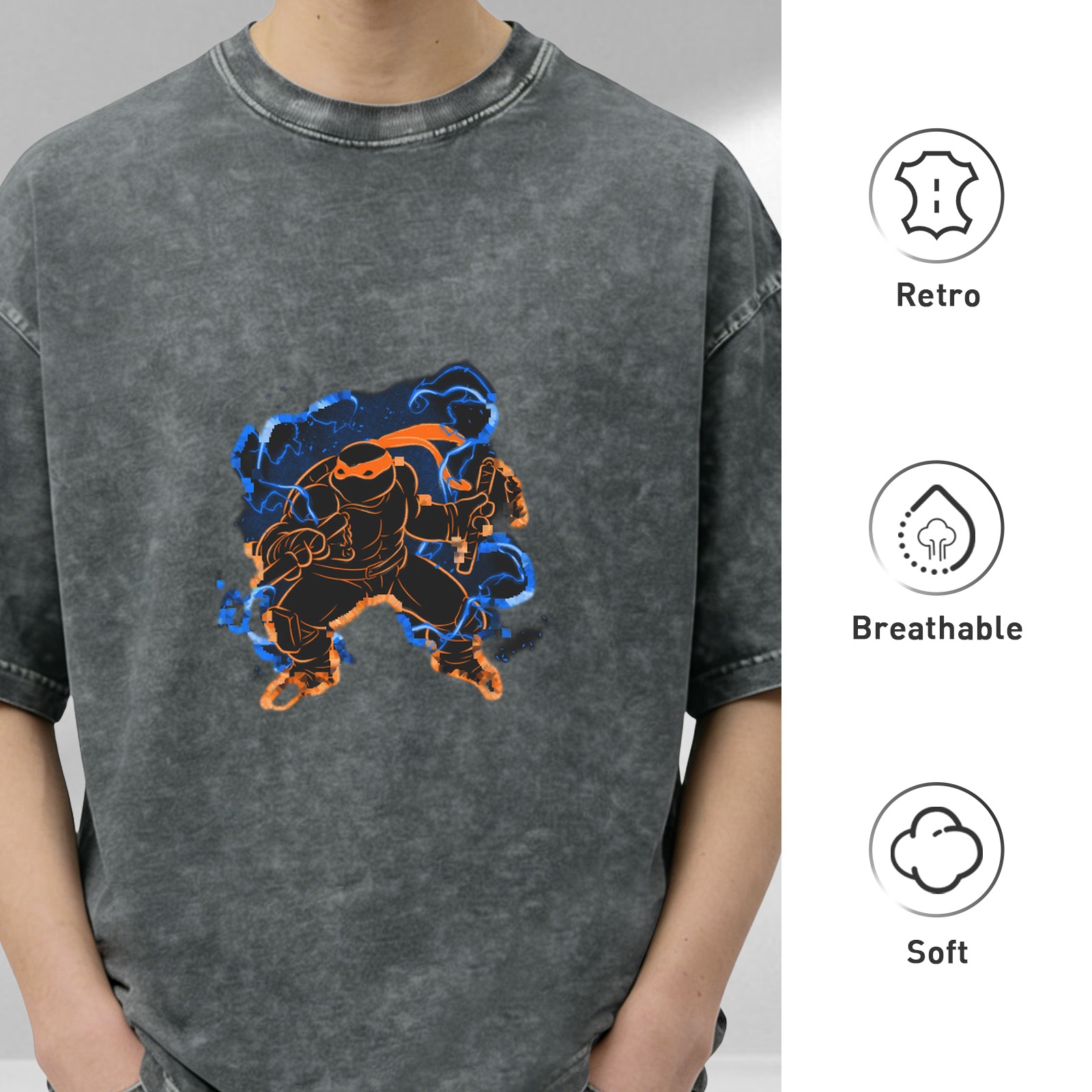 Oversized Dark Wash T-Shirt With Neon Ninja Turtle Graphic