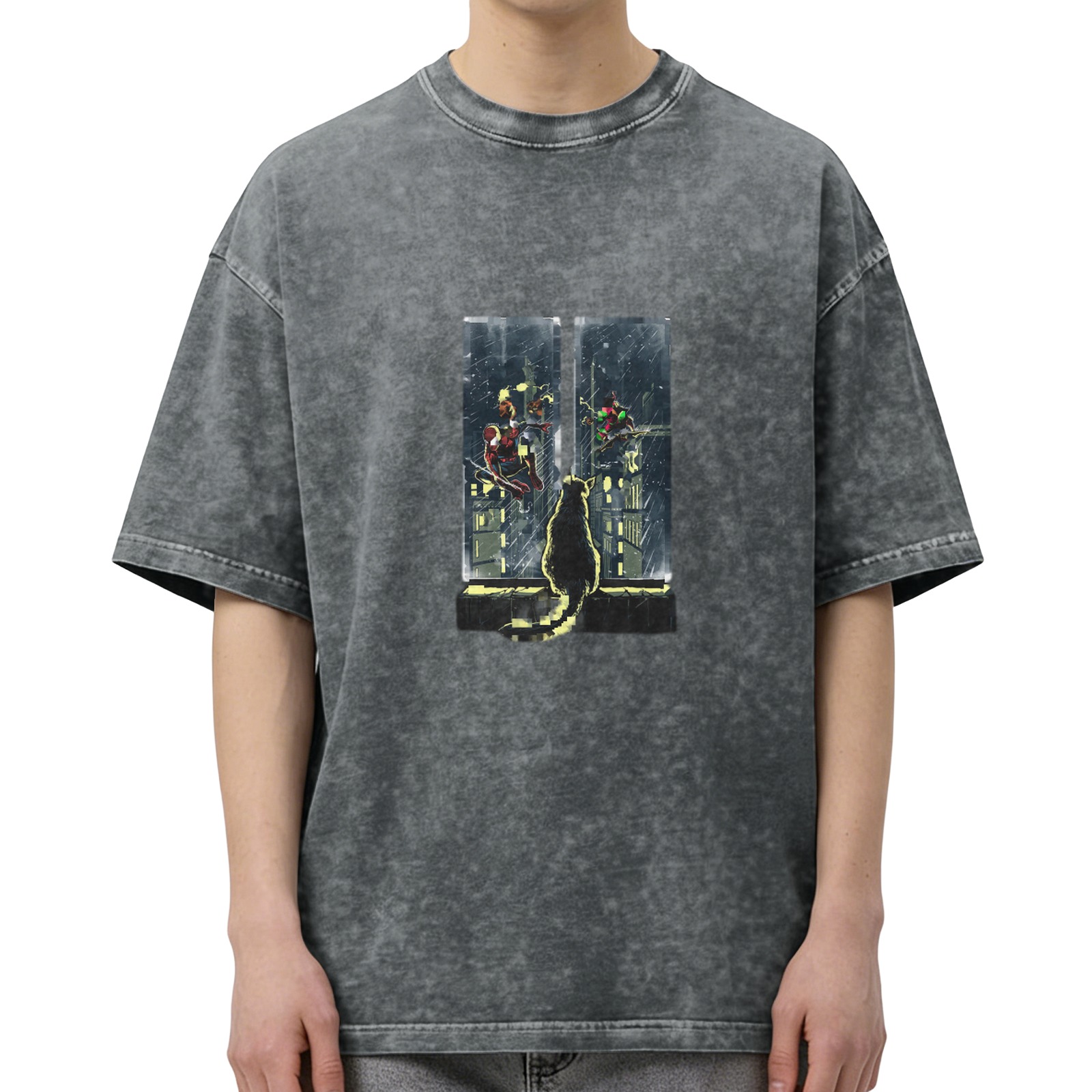 Oversized Acid Wash T-Shirt with Spider-Man City Window Cat Graphic