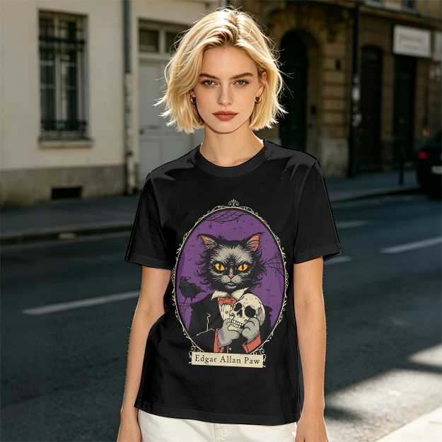 Edgar Allan Paw Cat Skull Raven Graphic Tee