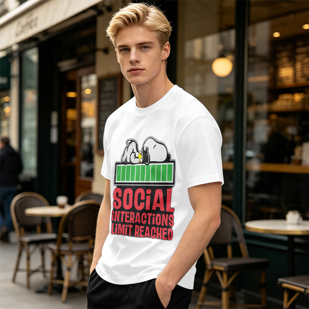 Olive t-shirt with Snoopy 'Social Interactions Limit Reached' print