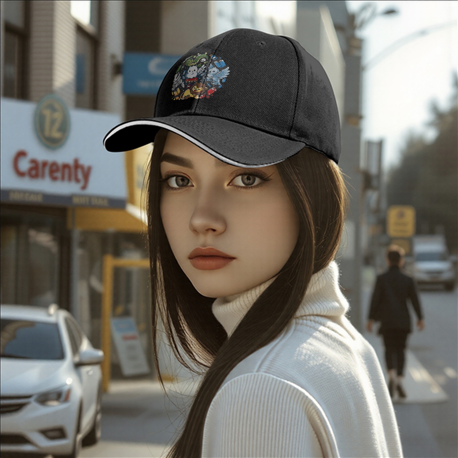 Black Baseball Cap With Cute Magical Creatures Graphic Design
