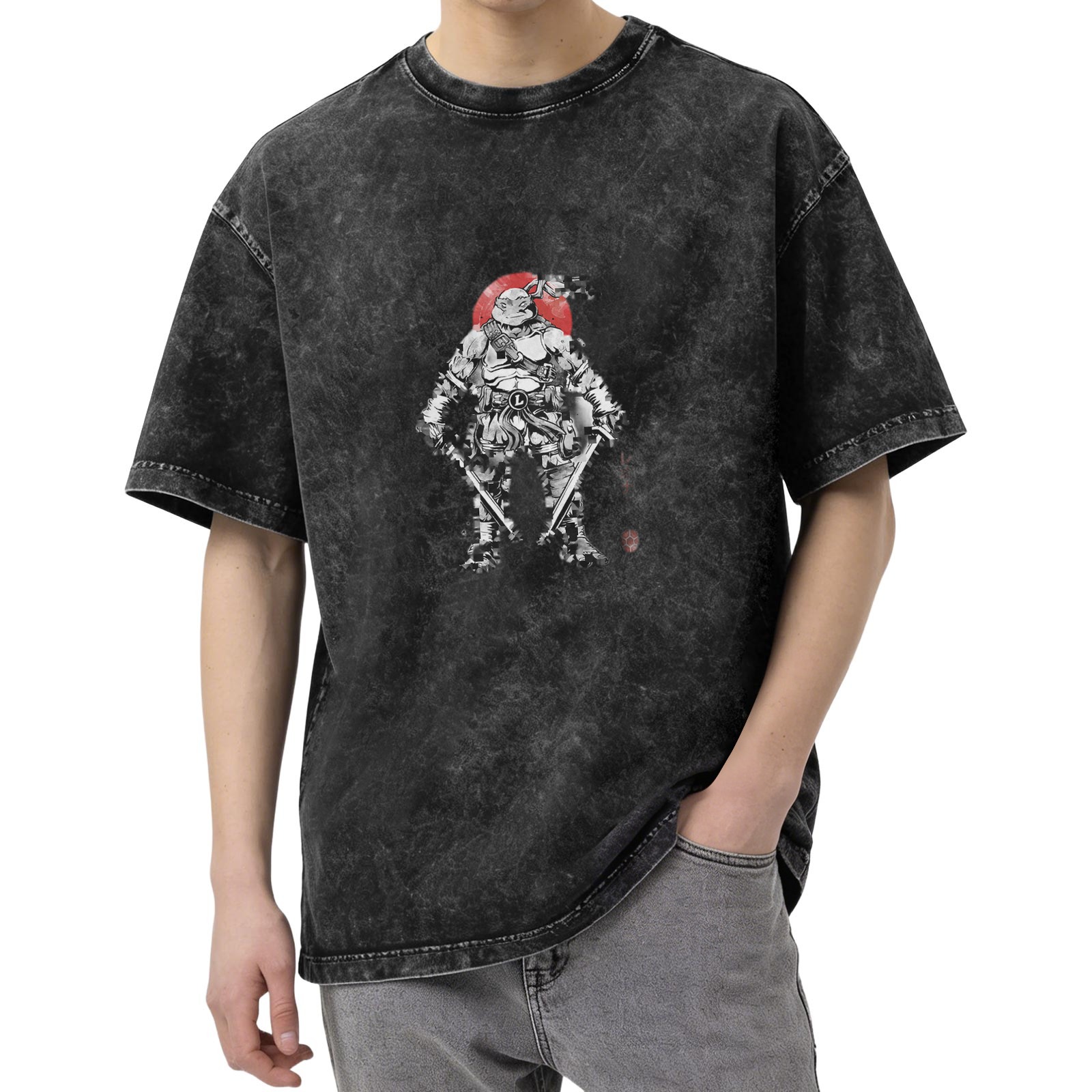 Oversized Stonewashed T-Shirt With Ninja Turtle Warrior Graphic