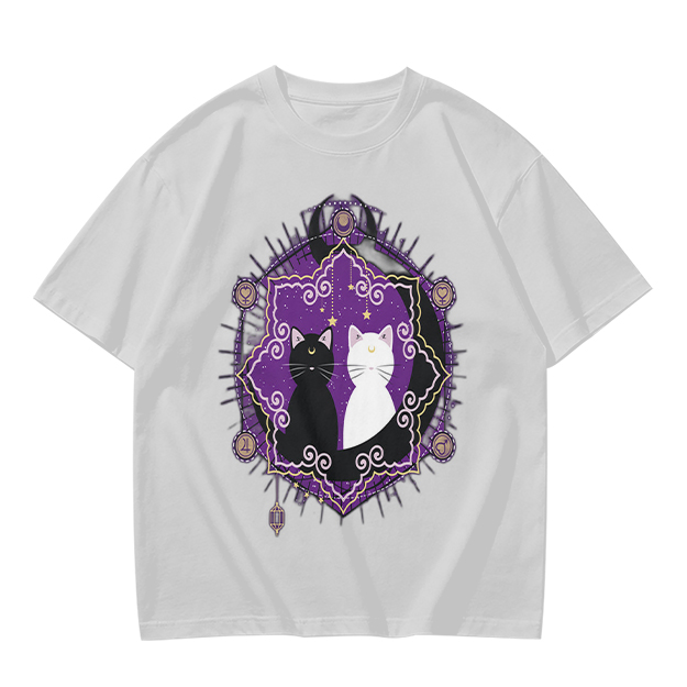 Olive T-Shirt With Celestial Black And White Cat Graphic