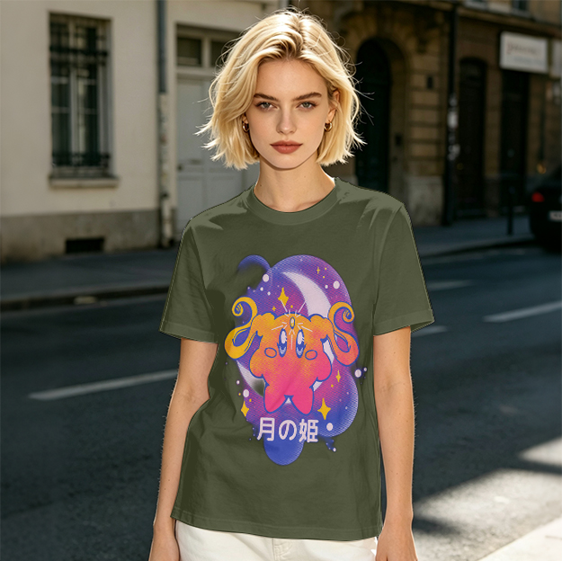 Olive t-shirt with cosmic cat and moon graphic print