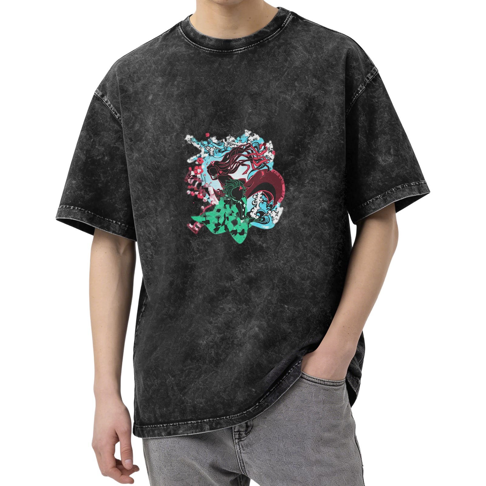 Oversized Vintage Wash Graphic T-Shirt with Anime Demon Slayer Character Print, Black Acid Wash Tee