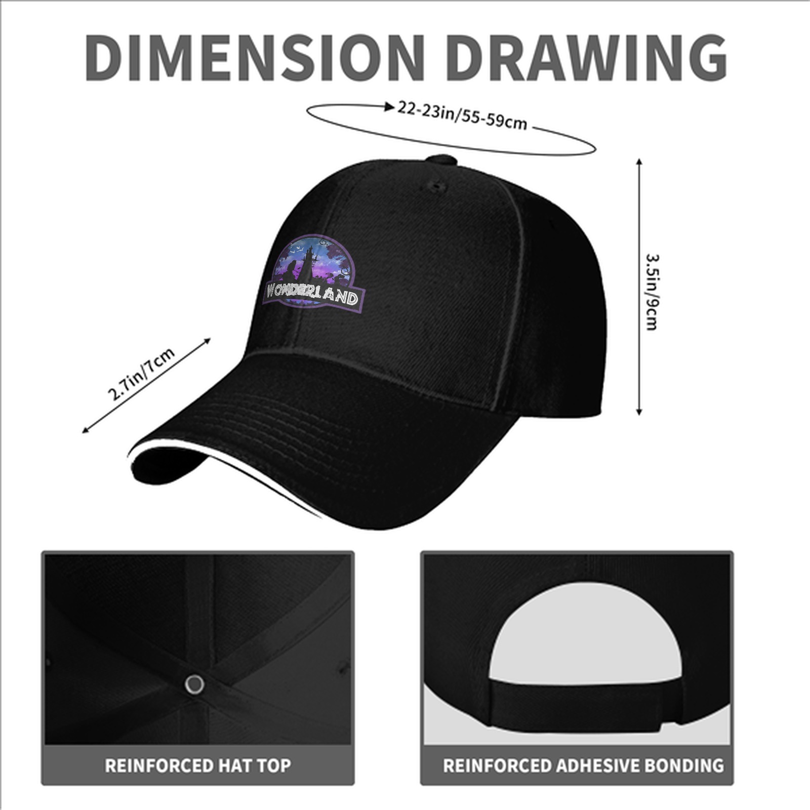 Black baseball cap with Wonderland fantasy castle graphic
