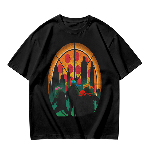 Olive T-Shirt With Ninja Turtles Pizza City Silhouette Print
