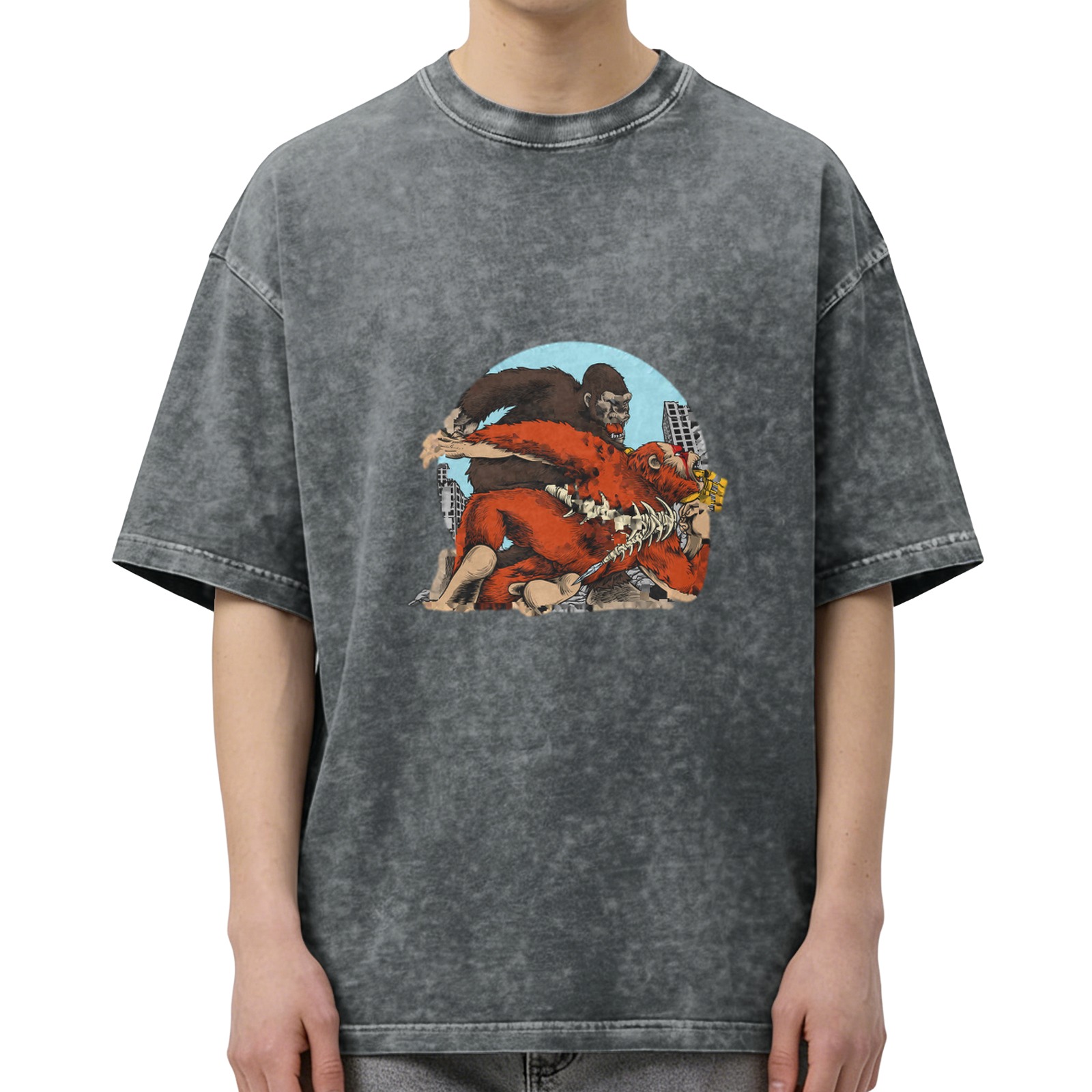 Washed black graphic t-shirt with giant ape monster battle print