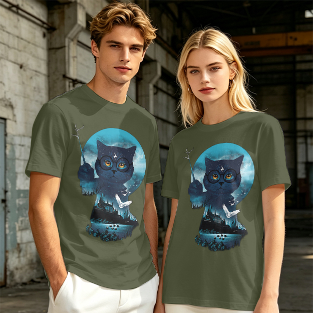 Olive T-shirt with Harry Potter themed wizard cat graphic