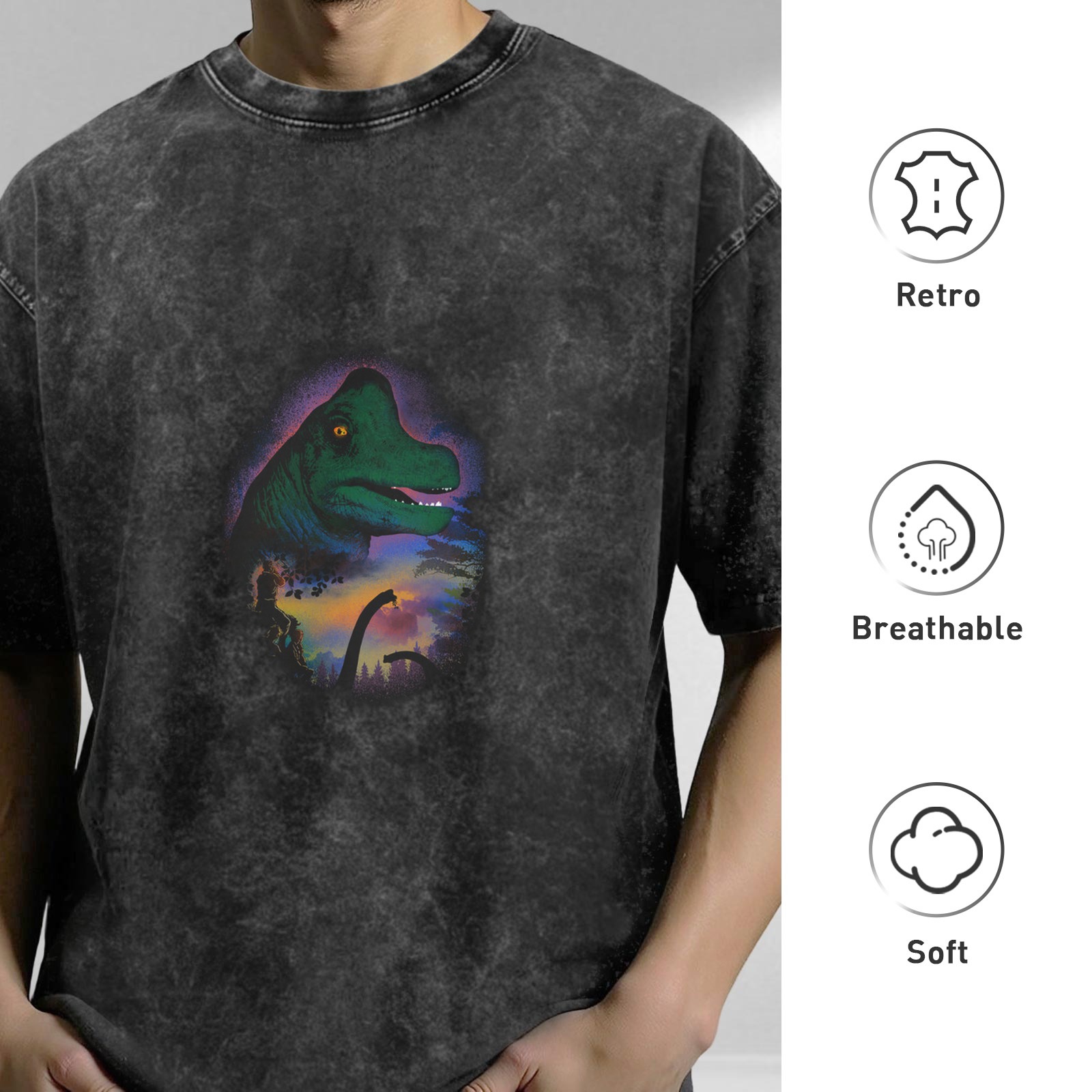 Washed Black T-Shirt with Colorful Dinosaur Graphic Print