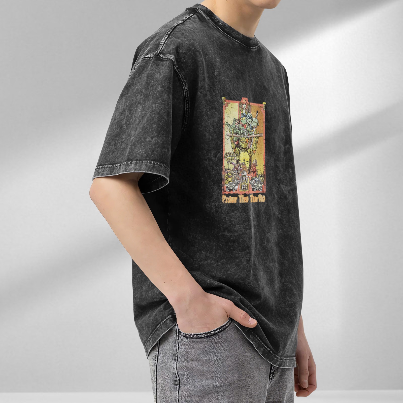 Vintage washed black Teenage Mutant Ninja Turtles themed printed short-sleeved T-shirt