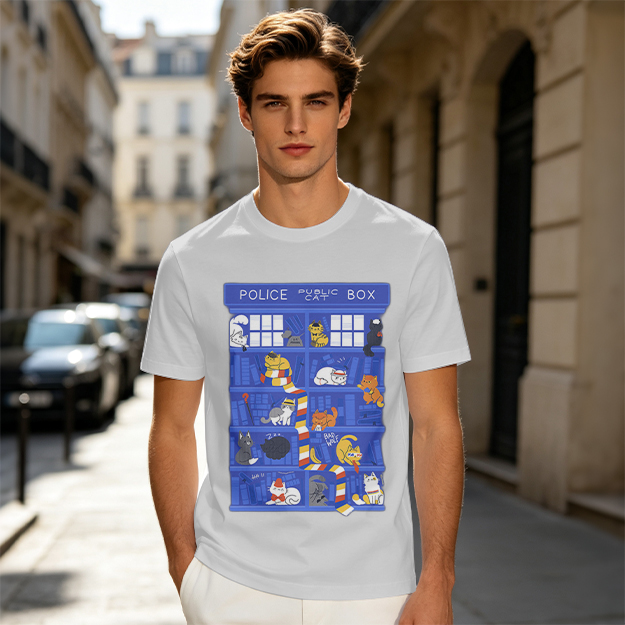 Olive T-Shirt with Police Box and Playful Cats Graphic