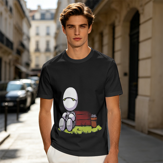Olive T-Shirt With Sad Sitting Robot Graphic Print
