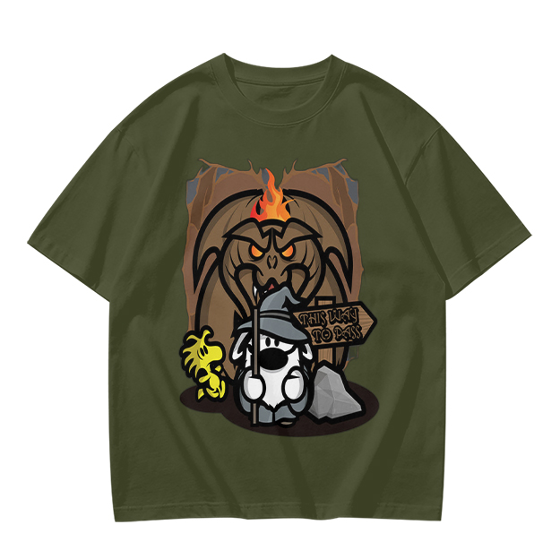 Olive t-shirt with wizard dog and dragon cave graphic