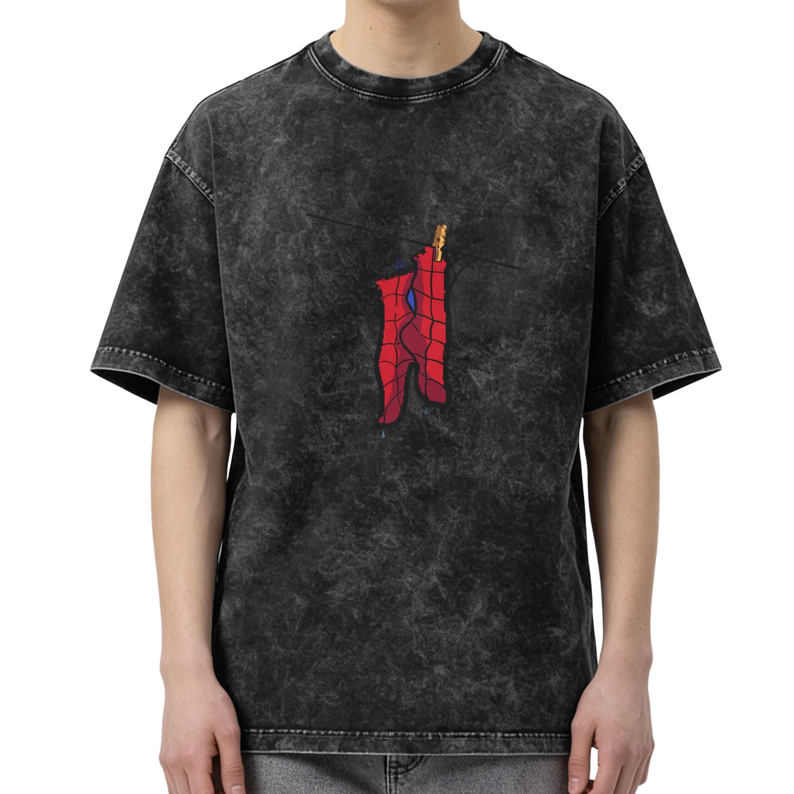 Oversized Acid Wash T-Shirt with Spider-Man Hanging Graphic