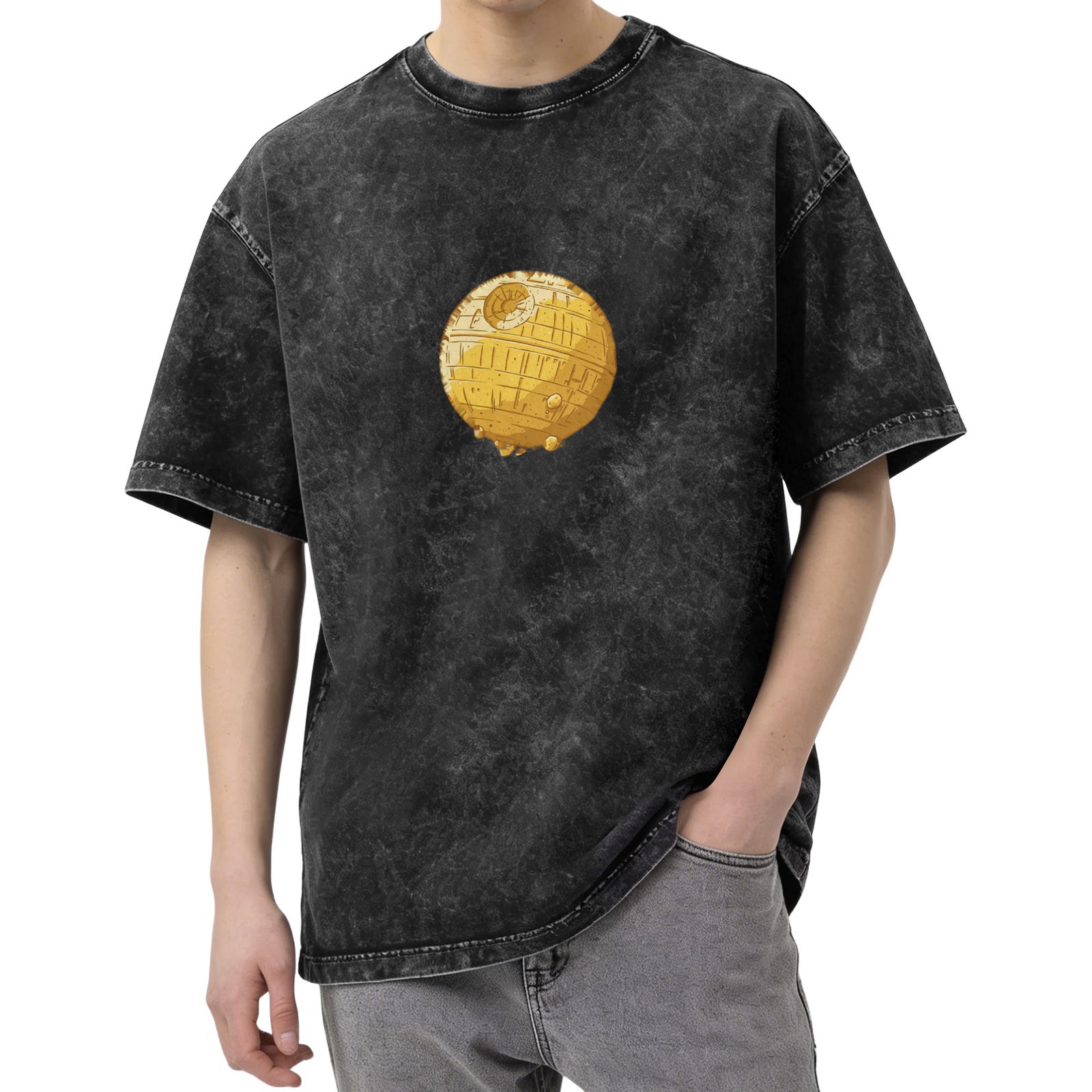 Oversized Stonewashed T-Shirt With Golden Death Star Print