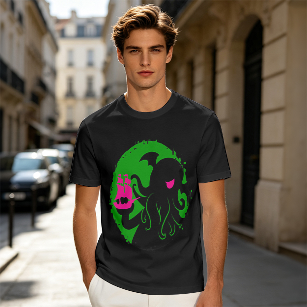 Olive T-Shirt With Cthulhu Holding Pink Ship Graphic Print